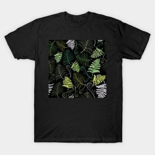 Green fern leaves on black background T-Shirt